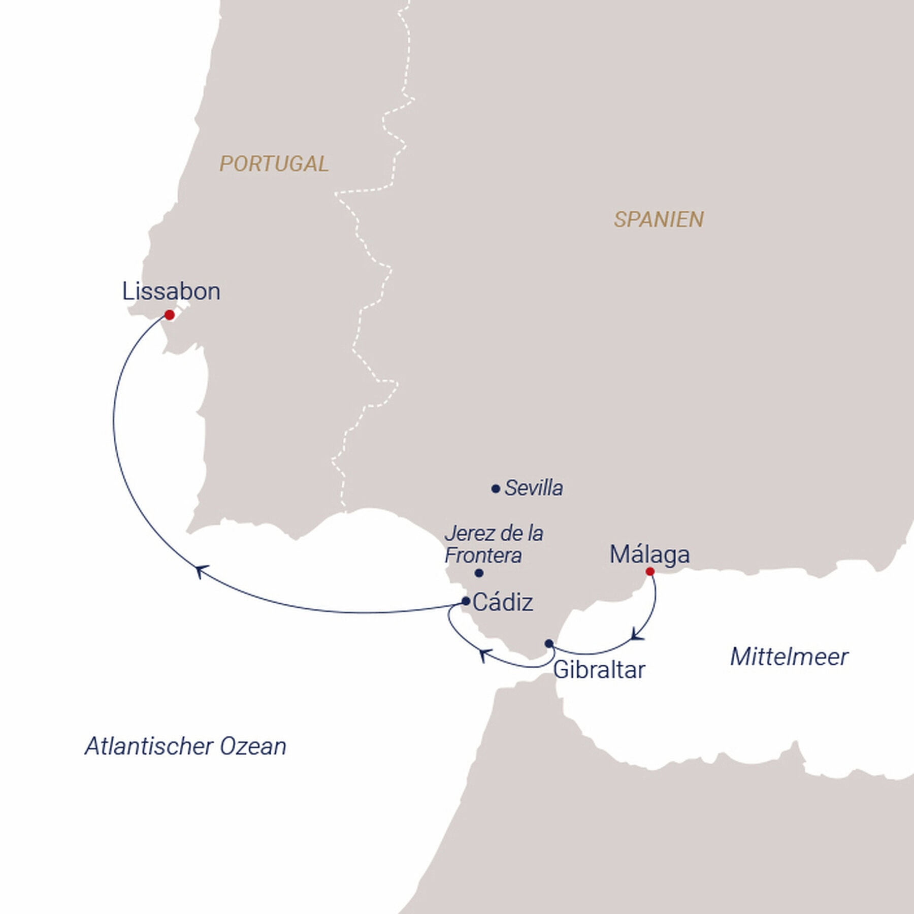 Route der Sea Cloud Cruises mit der SEA CLOUD SPIRIT von Málaga über Gibraltar und Cádiz nach Lissabon