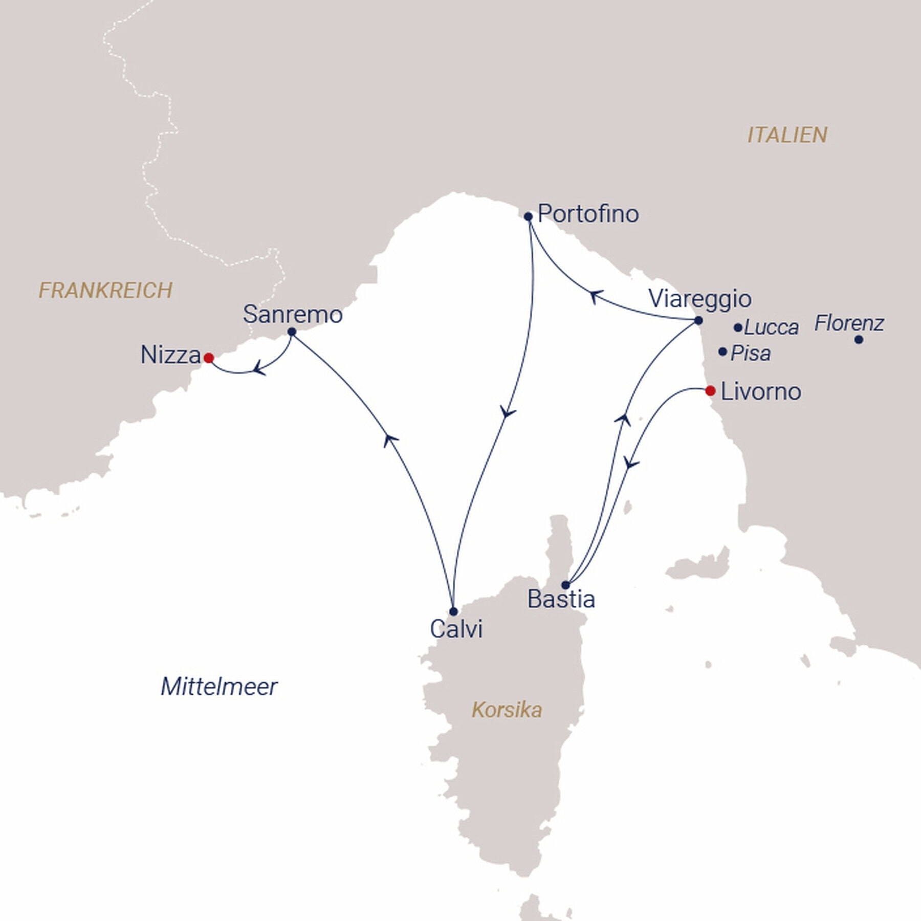 Karte der Sea Cloud Cruise Route von Livorno über Korsika und die italienische Riviera bis Nizza an der Côte d’Azur